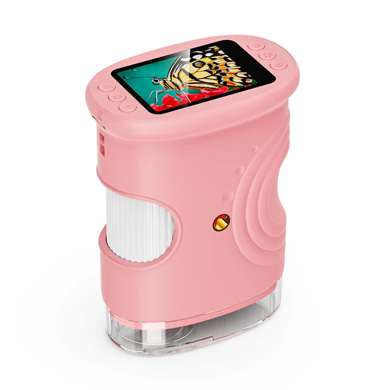 A pink digital handheld microscope for kids with a magnifying lens and display.