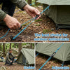 A hand is adjusting a blue retractable rope tightener used for securing outdoor gear like tents and shelters.