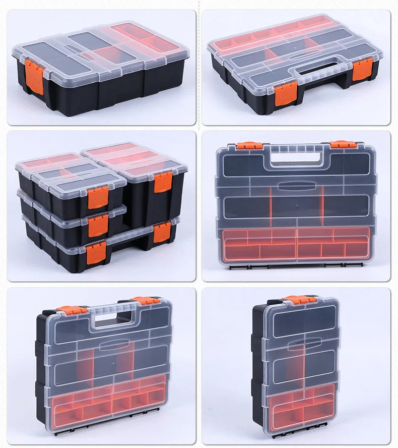 A set of durable plastic hardware organizer boxes in black and orange, shown from various angles.