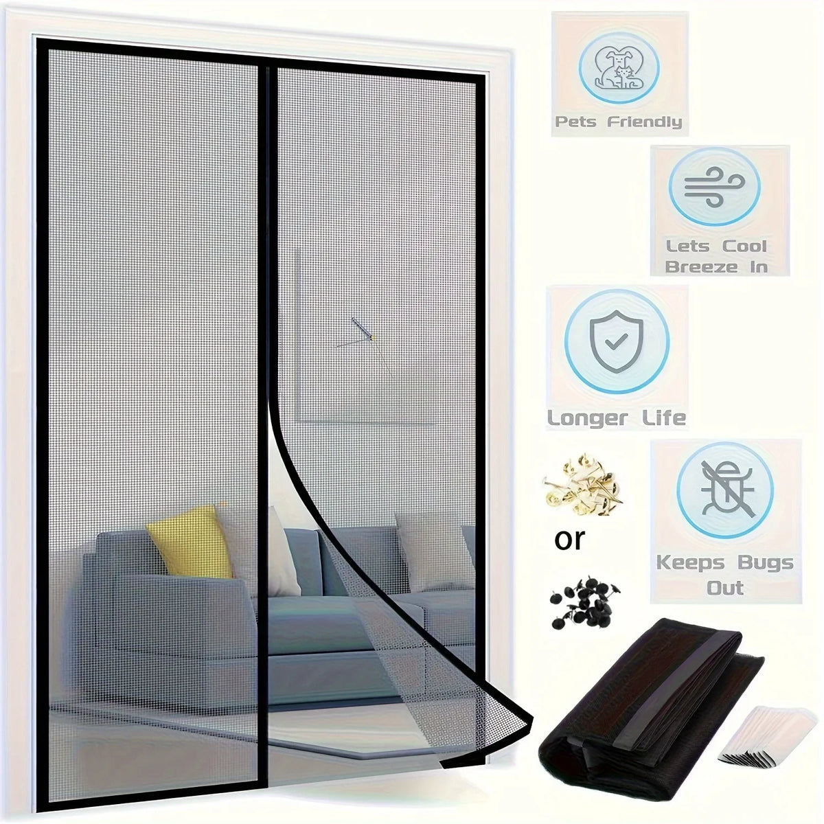 Vista cercana de una cortina de mosquitera automática magnética instalada en el marco de una ventana.