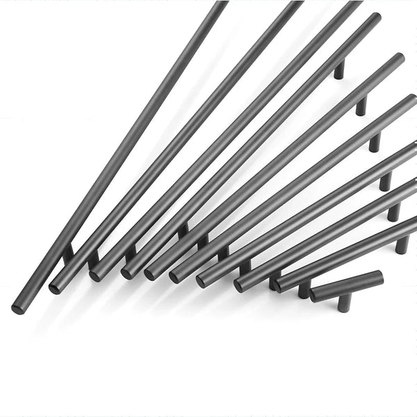 A set of parallel stainless steel kitchen door pull handles arranged diagonally.