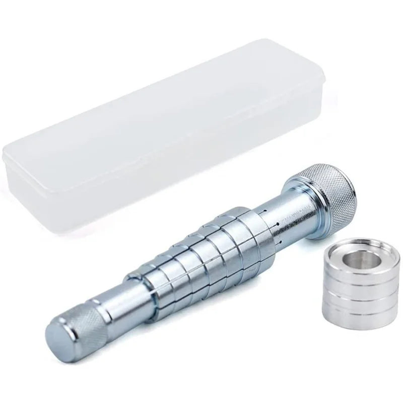 A silver professional ring stretcher and expander tool with a clear plastic container.