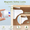 White magnetic safety locks for cabinets and drawers, showing switch on and off functionality.