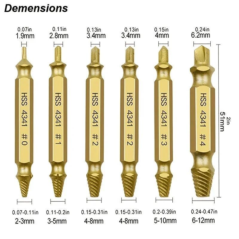 A set of heavy-duty screw extractors in various sizes and lengths, showing dimensions for different applications.