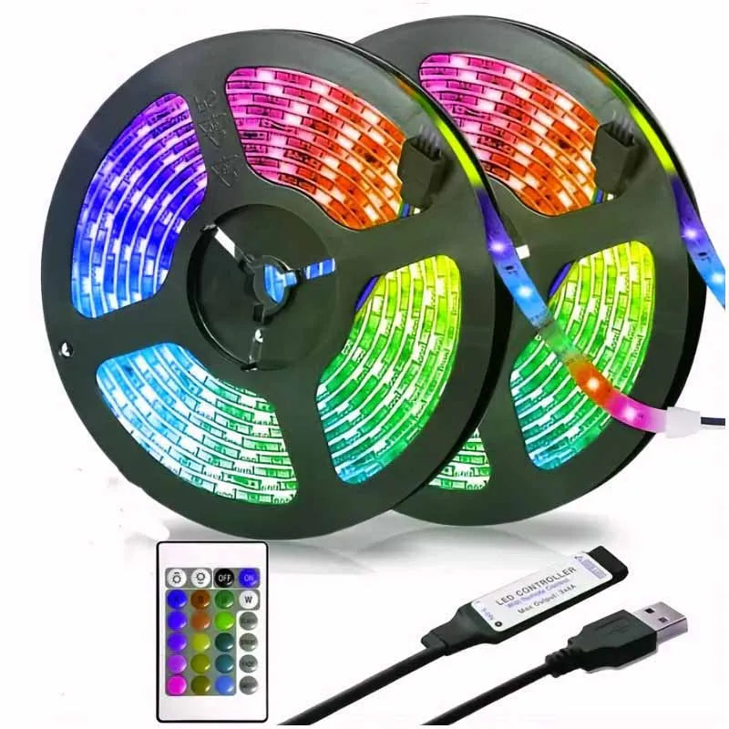 Two circular LED light panels showing various colors and patterns with a separate LED controller and USB plug