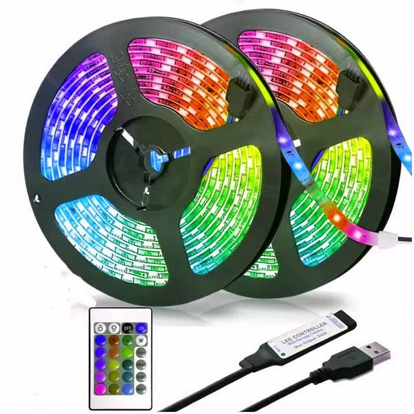 Two circular LED light panels showing various colors and patterns with a separate LED controller and USB plug