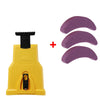 A yellow portable chainsaw tooth sharpening kit with a black handle and three purple sharpening stones.