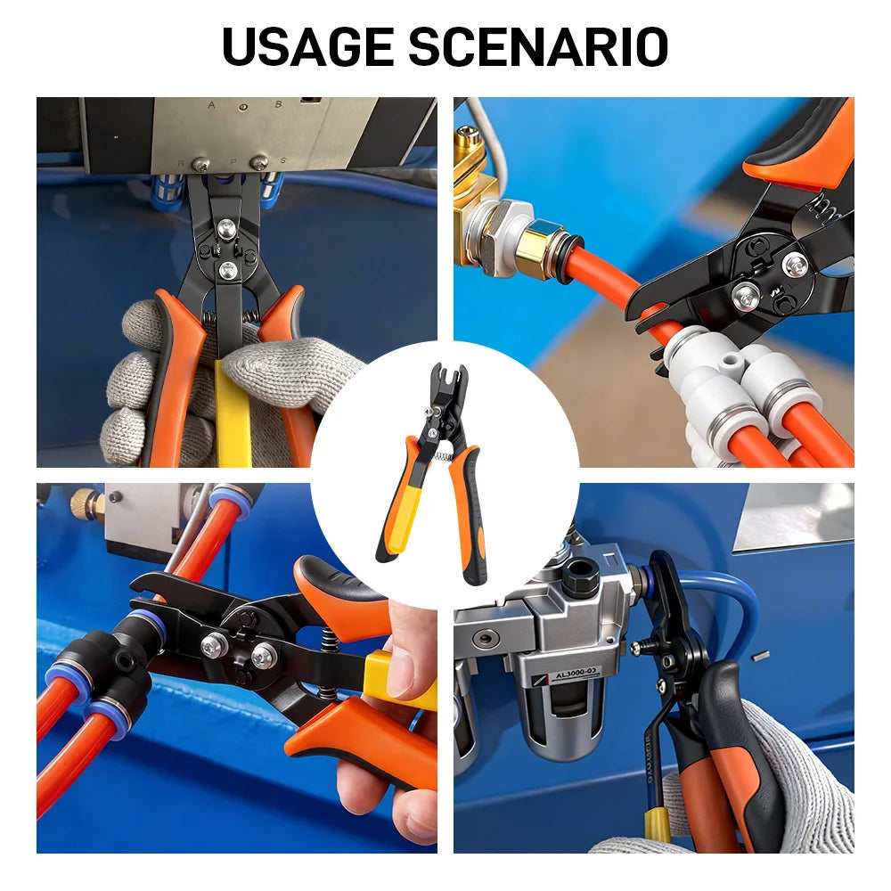 A set of pneumatic disconnect tools being used to connect and disconnect hoses on a blue surface.