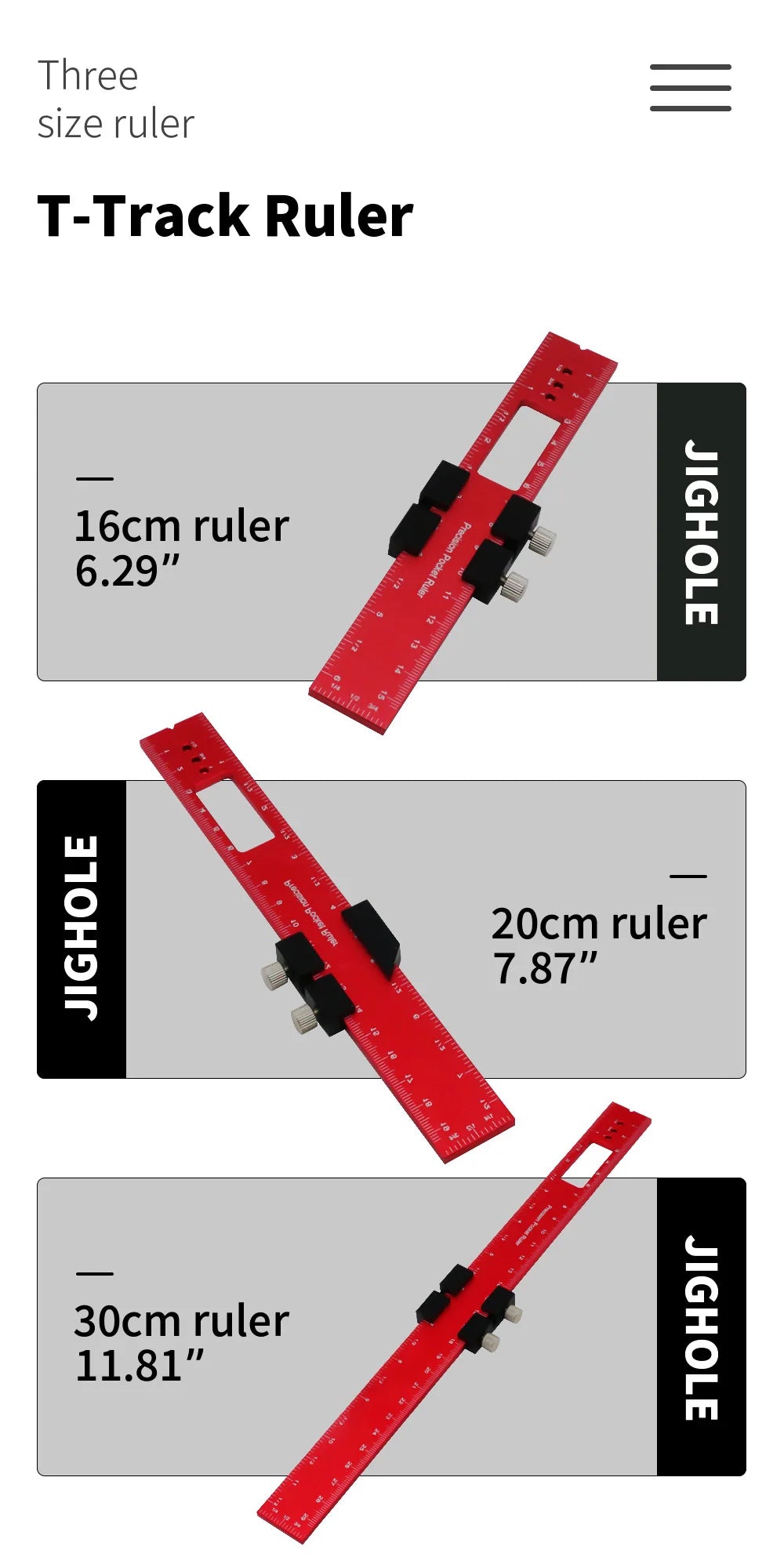 Three size T-Track rulers in 16cm, 20cm, and 30cm lengths shown against a gray background.