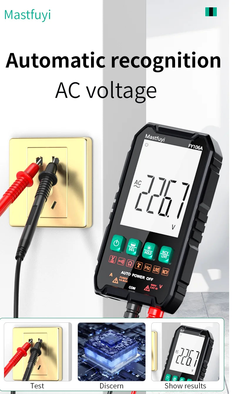 A black digital multimeter shows AC voltage measurement, next to a power outlet and test leads.