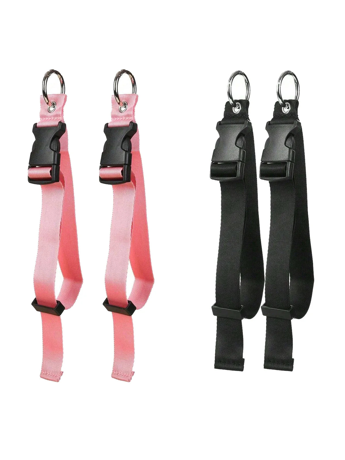 Set aus rosa und schwarz, strapenartige Gepäckriemen und Rucksackschnallen zum Sichern von Gegenständen.