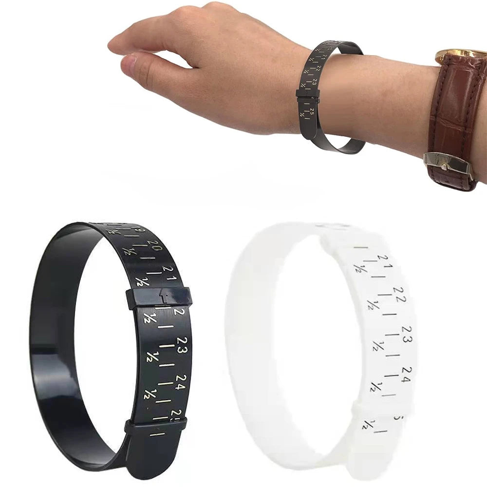 A hand is shown wearing a leather bracelet and a white bangle sizer tool.