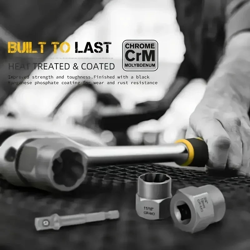 A close-up photo of a chrome CrM molybdenum heat treated and coated impact socket set resting on a black surface.