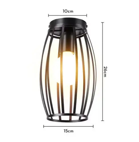 A black, vertical, cage-style LED chandelier lamp with a clear glass shade.