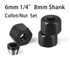 A set of 6mm 1/4 inch and 8mm shank collets and nuts in black and silver.