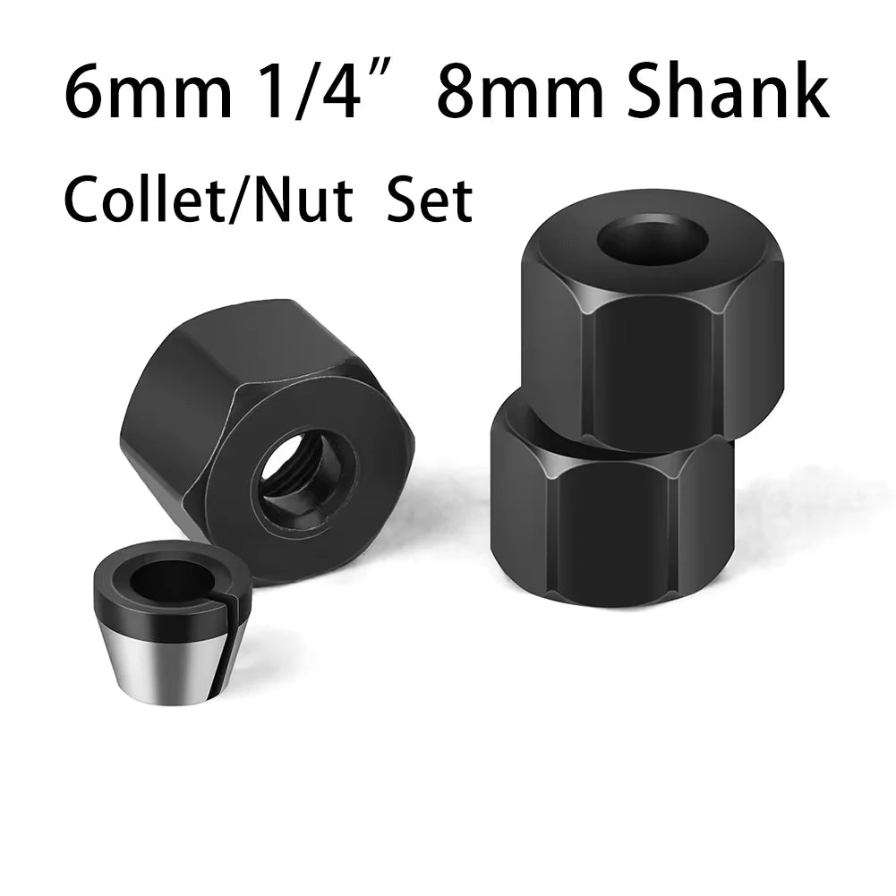 A set of 6mm 1/4 inch and 8mm shank collets and nuts in black and silver.