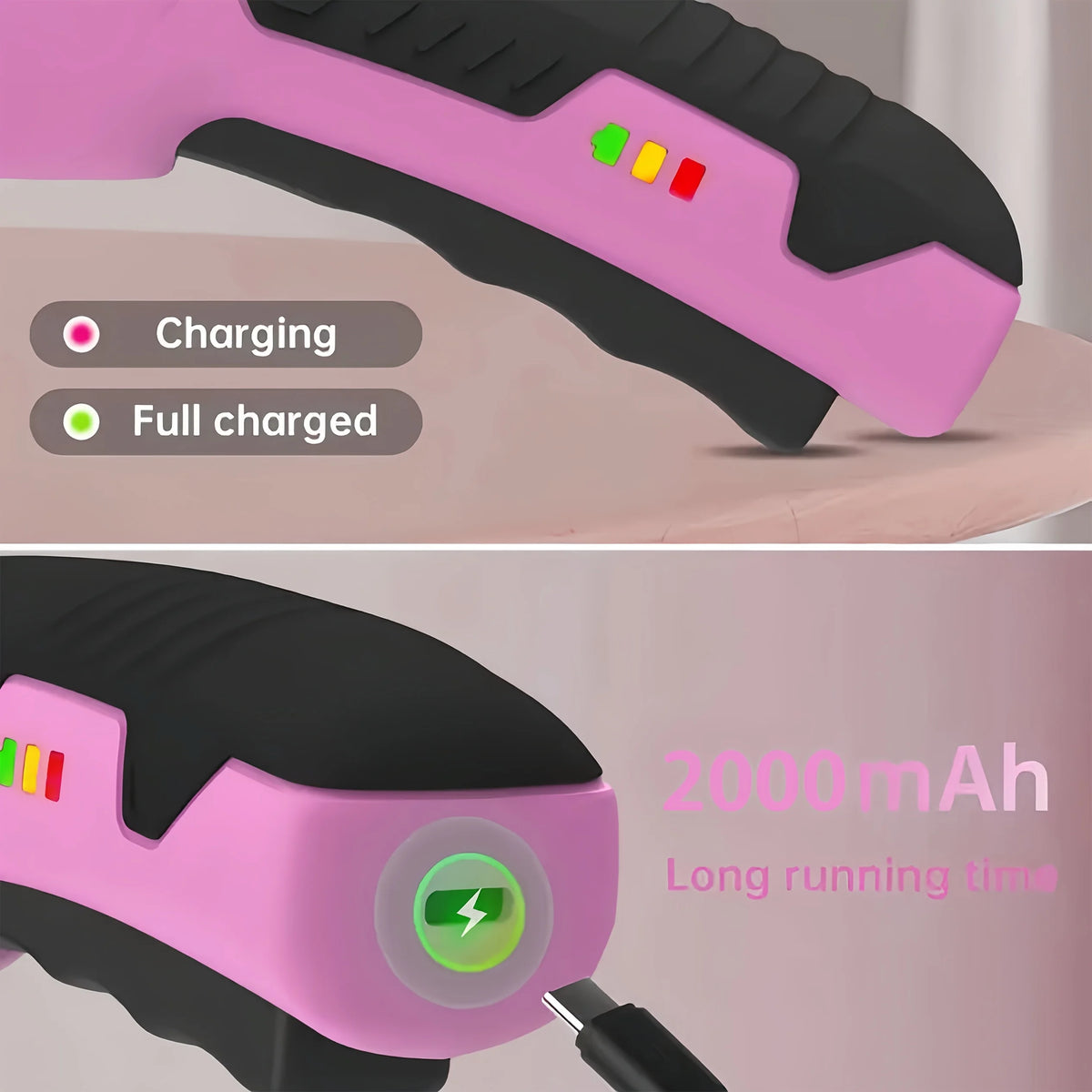 A pink and black rechargeable electric cutting scissor is shown with charging indicators and a battery capacity display.