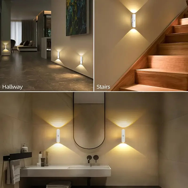 Interior shot showing multi-color LED induction night lights mounted on a wall and above a vanity sink.