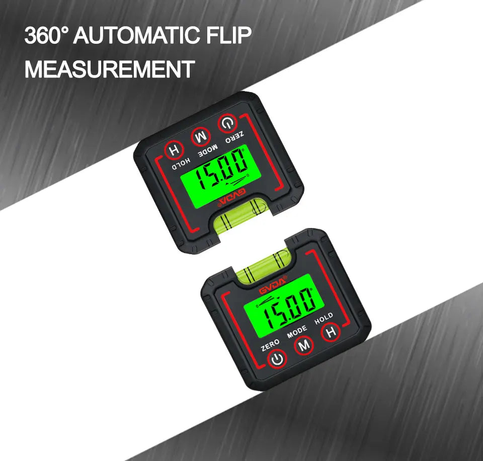 A black digital angle gauge or protractor leveler device showing a measurement of 15.00 degrees.
