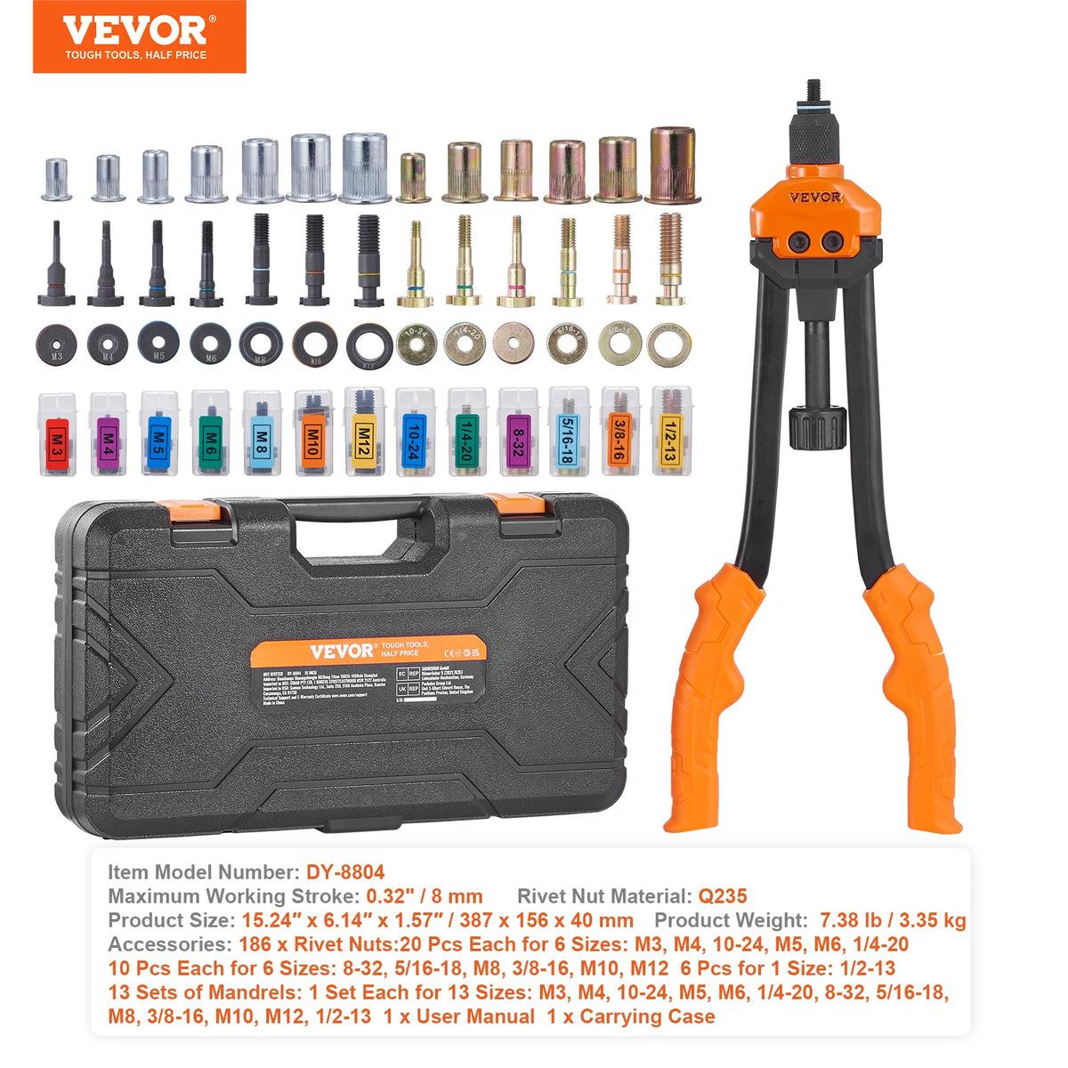 A set of heavy-duty rivet nut tools and accessories for metalwork, including various sizes and materials.
