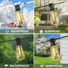 Shatterproof solar string lights shown in various weather conditions including snow, rain, and sun.