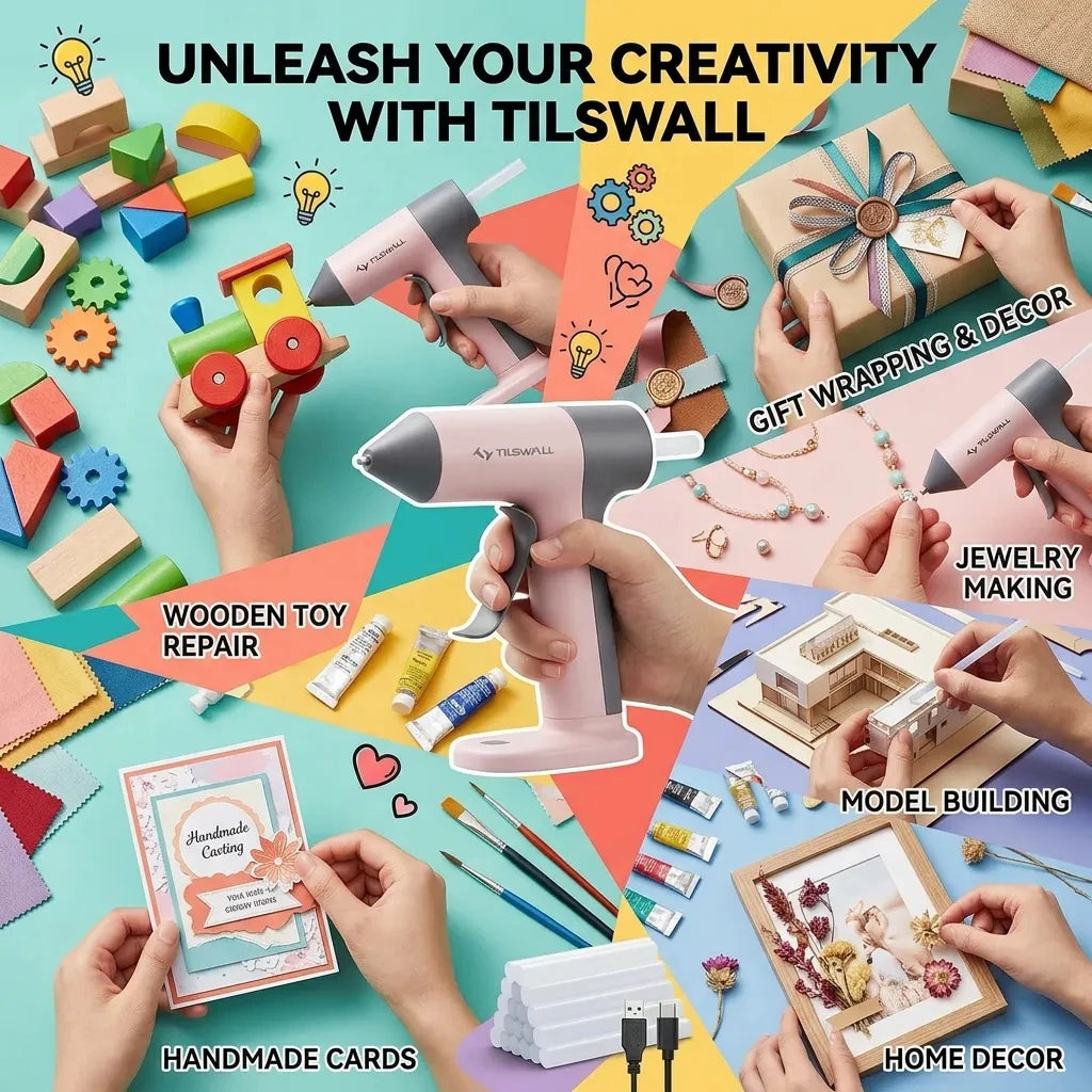 Hands are shown using a cordless hot glue gun set and glue sticks for various crafting projects like gift wrapping, jewelry m