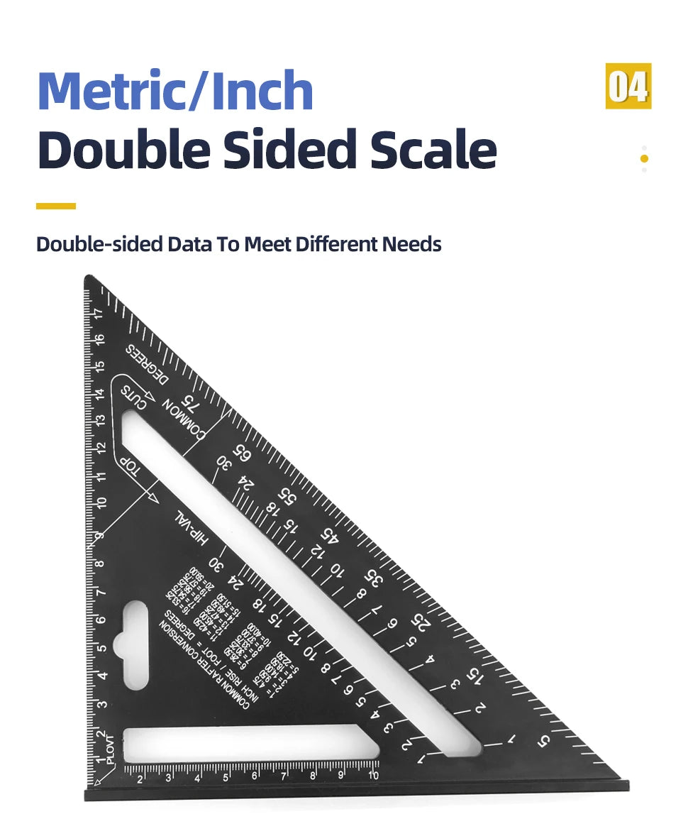 A black metric/inch double-sided scale triangle ruler showing various measurements.