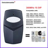 A black 10 DIP garage door remote transmitter with a white lens and compatibility list.