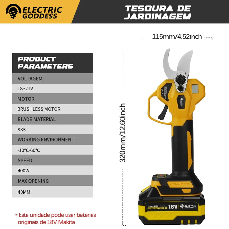 Yellow and black heavy duty electric pruning shear tool with a brushless motor and blade for gardening