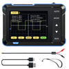 A portable digital oscilloscope device with a screen displaying voltage measurements and various connection cables.