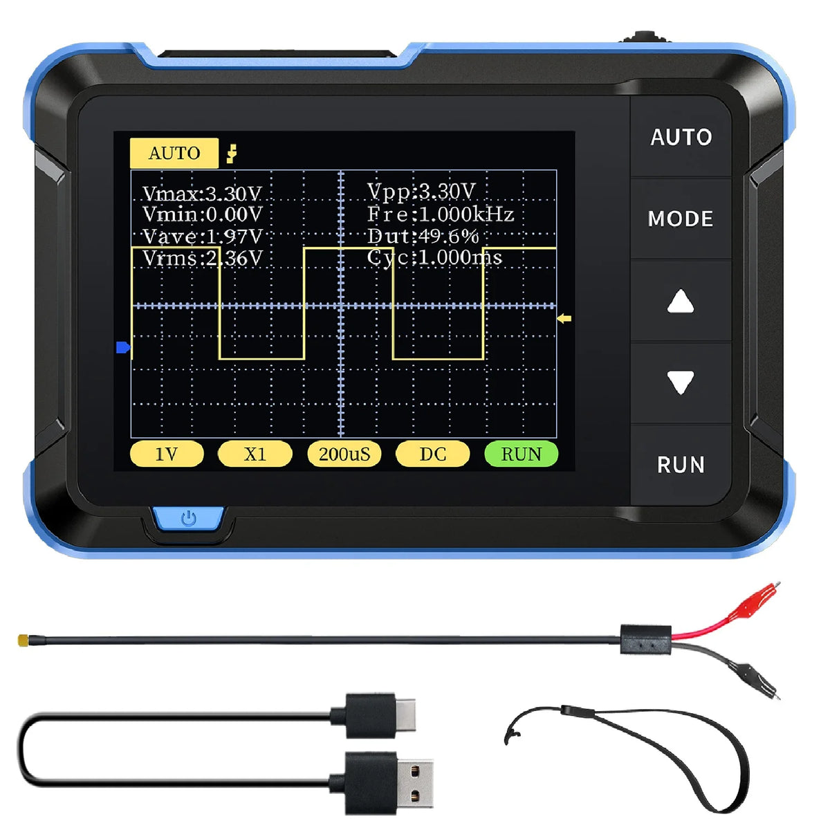 A portable digital oscilloscope device with a screen displaying voltage measurements and various connection cables.
