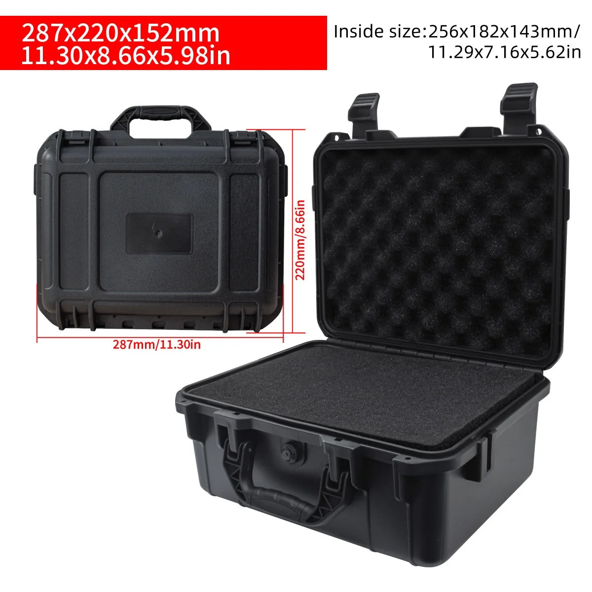 Boîte à outils portable noire avec insert de protection, montrée sous divers angles et dimensions.