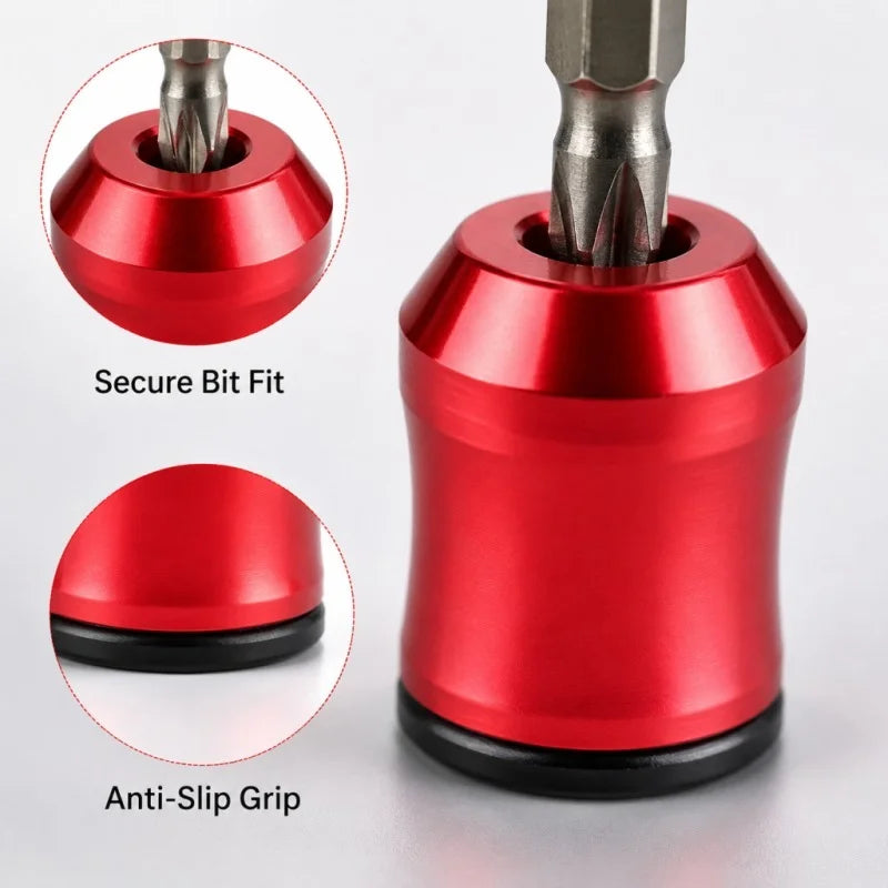 A red magnetic screwdriver bit set showing a secure bit fit and an anti-slip grip.