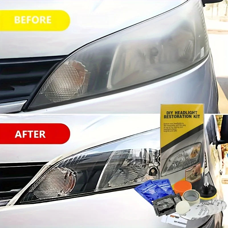 Before and after comparison of a car headlight restoration kit applied to a vehicle's headlight.