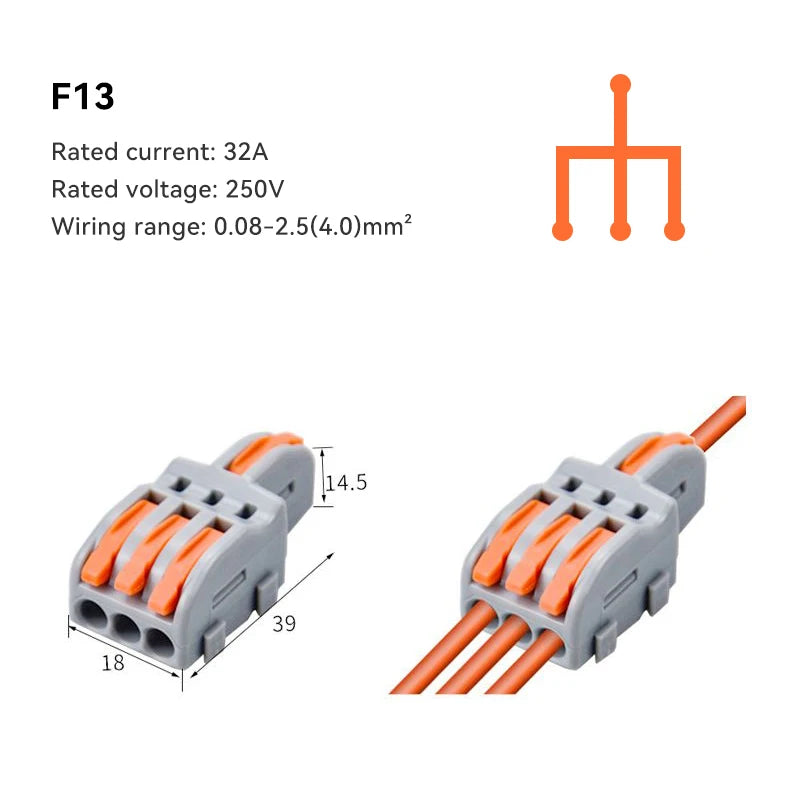 A set of F13 electrical push-in connectors with orange wires and gray plastic housing.