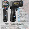 Black infrared thermometer with digital display and various functions shown against a white background.