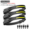 Three black LED headlamps with yellow accents and Type-C USB charging cables displayed together.