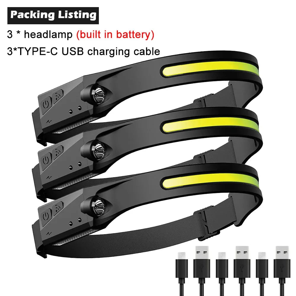 Three black LED headlamps with yellow accents and Type-C USB charging cables displayed together.