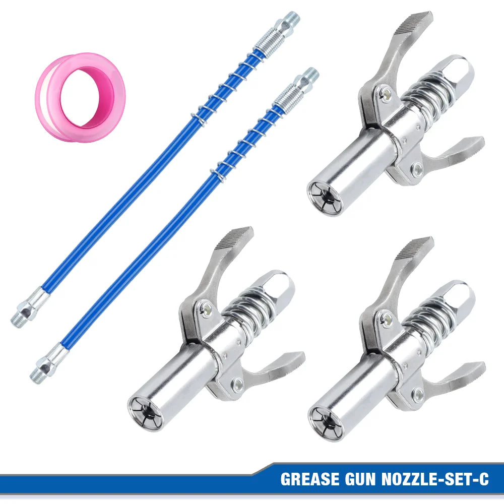 Set of four heavy-duty grease gun nozzles and fittings for a 10000 PSI pump
