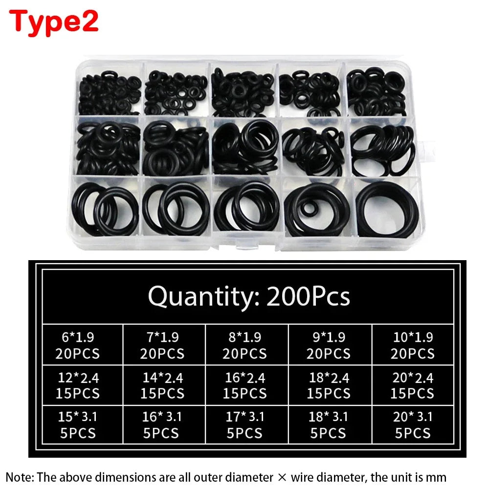 A plastic kit containing various sized wire diameter O-rings for seal repair, categorized by outer and wire dimensions.