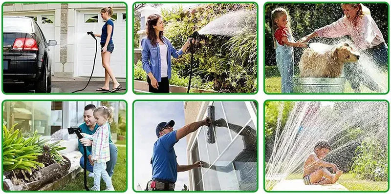 Una familia juega con una manguera de jardín extensible y una pistola de agua en un jardín trasero.