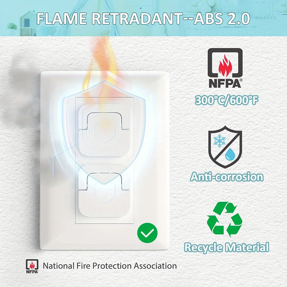 White flame retardant ABS 2.0 outlet cover with NFPA and anti-corrosion certifications.