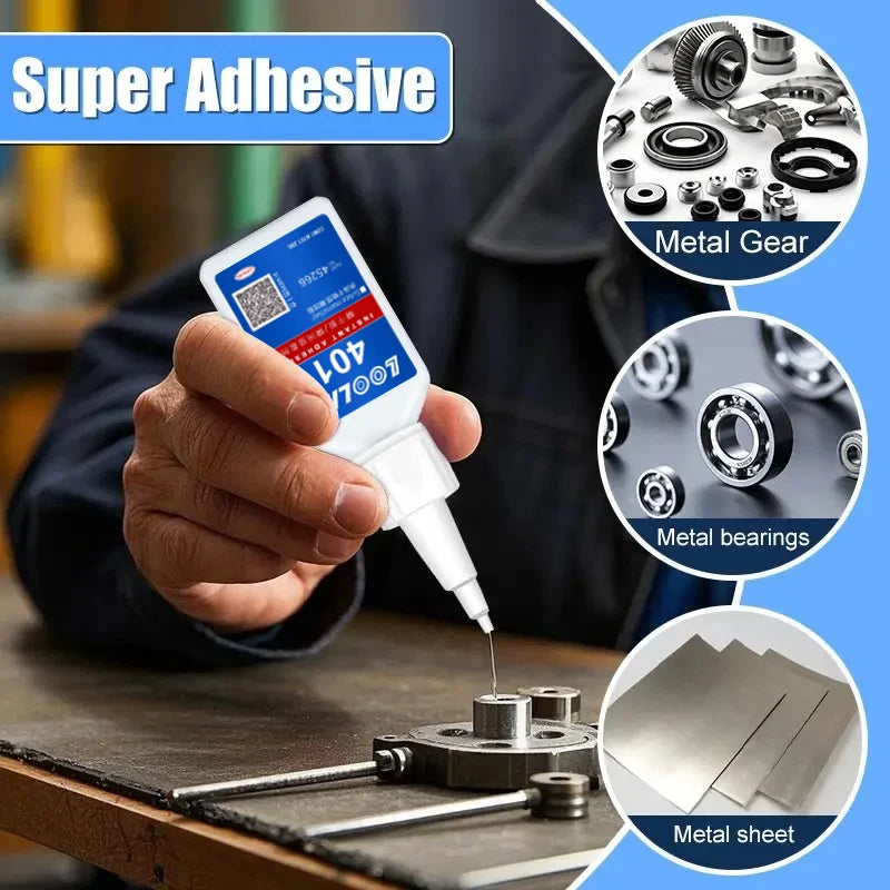 A hand applies a white super adhesive stick to metal components like bearings and sheets.