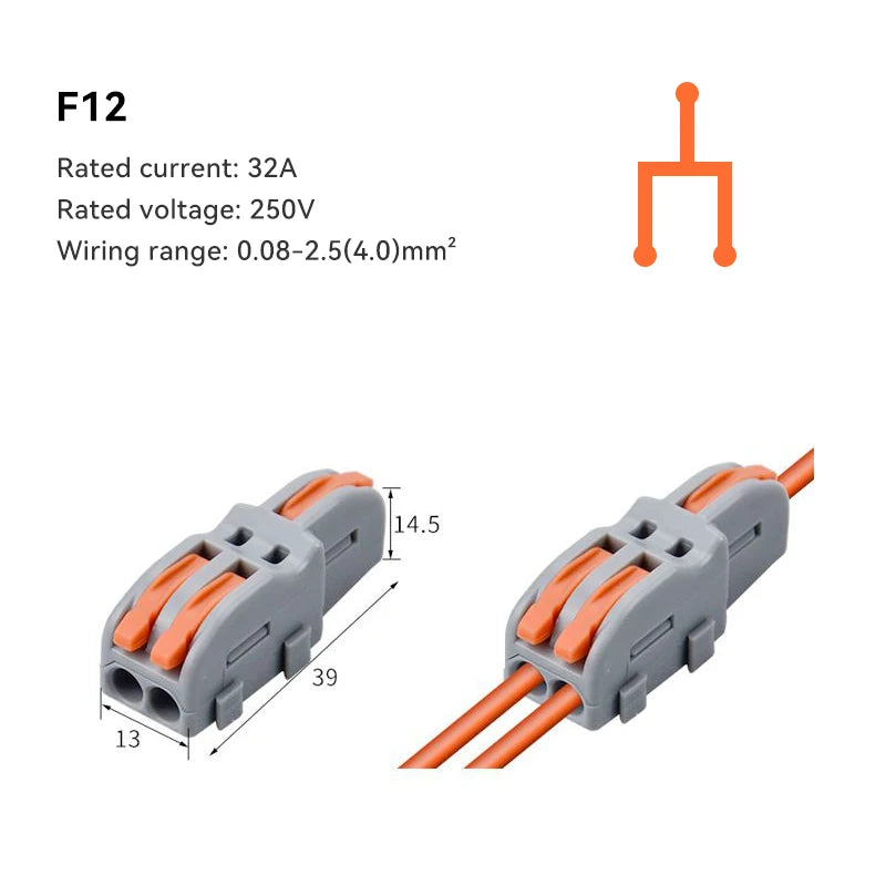 A set of gray electrical push-in connectors with orange wires and insulation, shown from the side.
