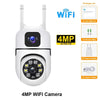 A white 4MP WiFi camera is shown with its components and accessories listed.