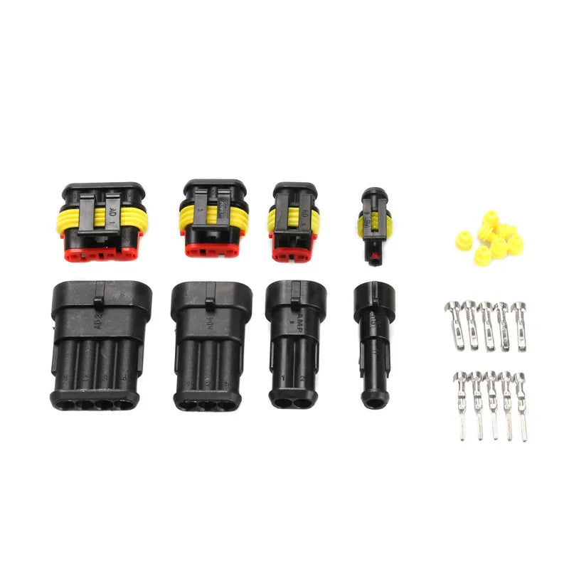A set of waterproof electrical connectors, including plugs, sockets, and wires, for vehicles and boats.