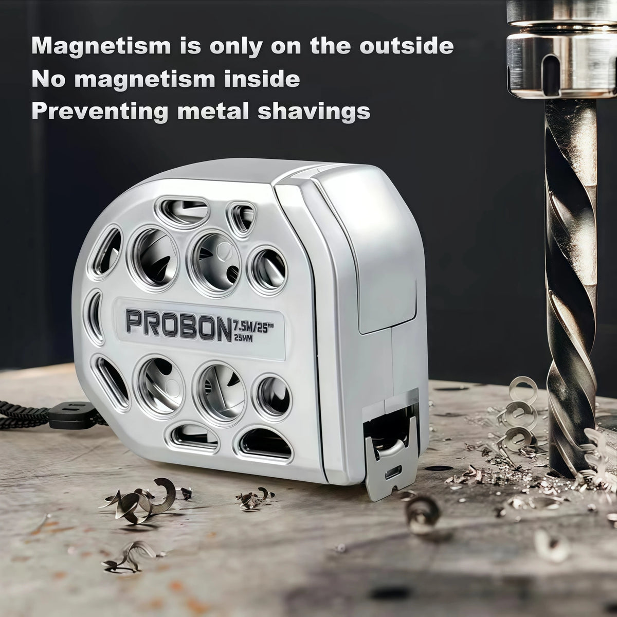 A silver PROBON 7.5M/25M magnetic measuring device is shown next to a metal drill bit.