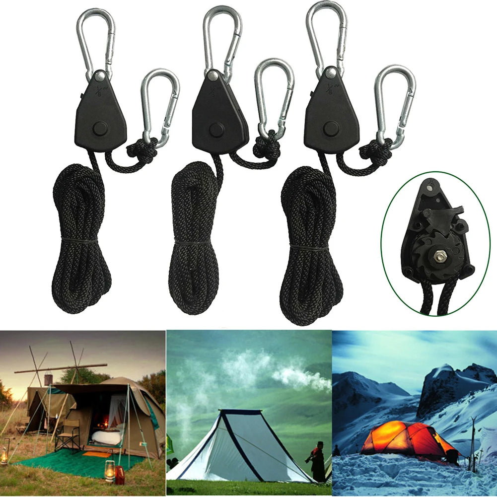 A multi-pack of black camping and utility lanyards with metal clasps shown alongside outdoor scenes.