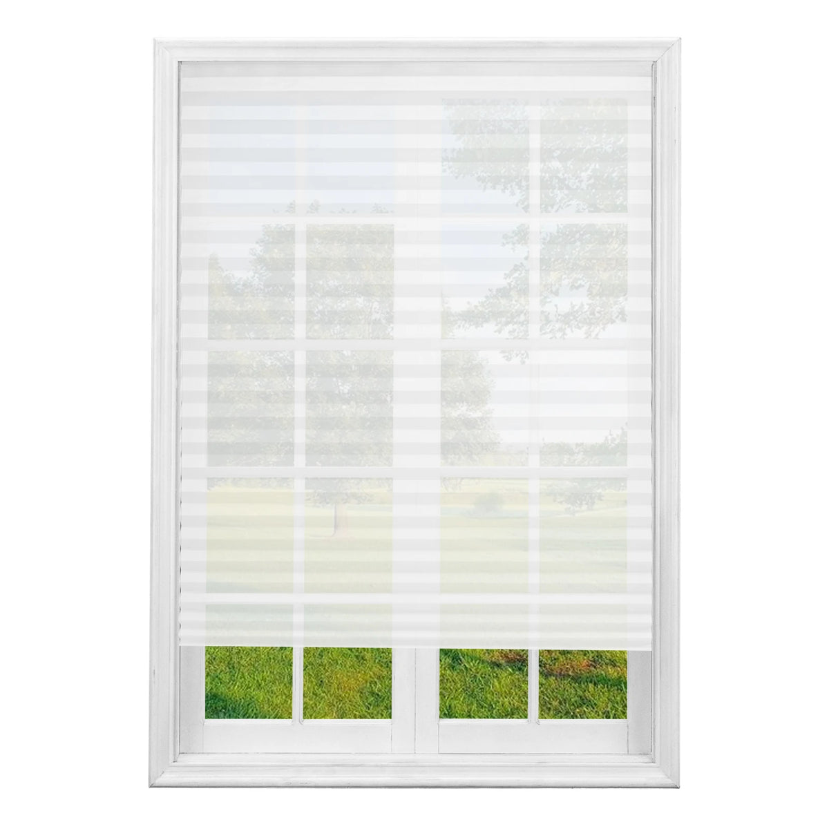 White pleated window blinds covering a window with a view of green trees and grass