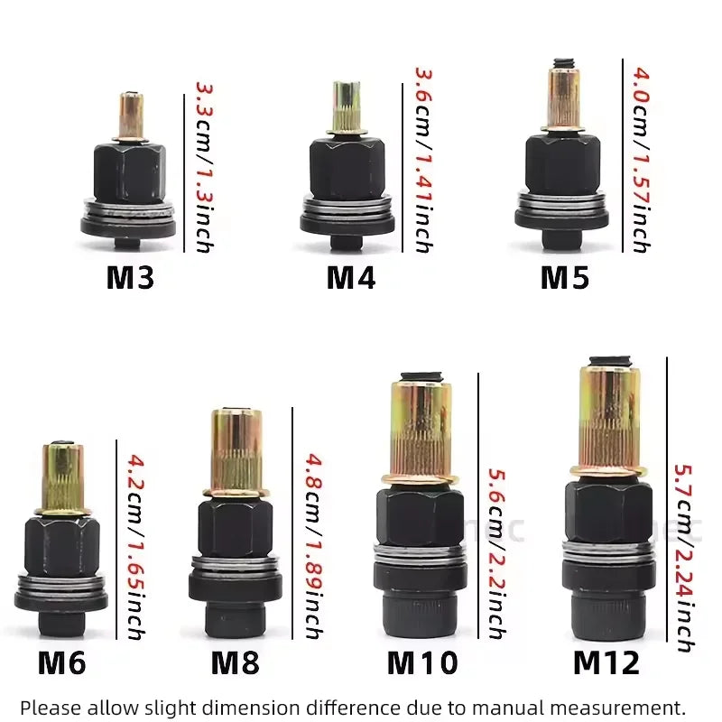 A set of heavy-duty rivet nuts ranging from M3 to M12, shown with corresponding tools.